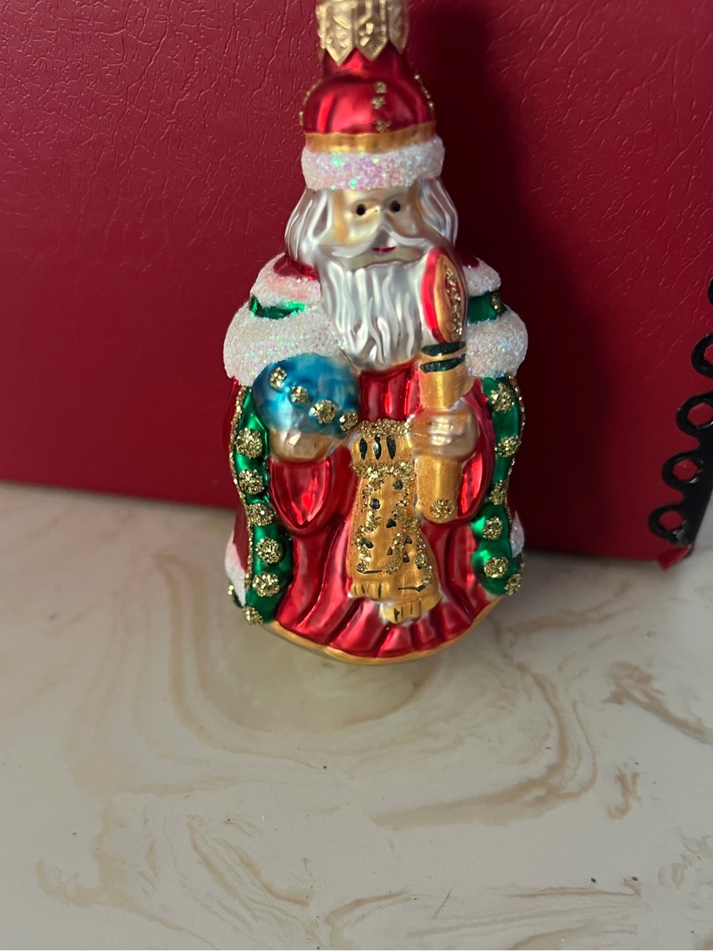 Christopher Radko Red, Green and Gold Santa Ornament with Blue Globe